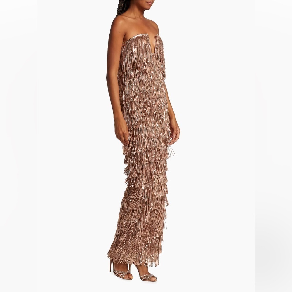Bronx & Banco | Isle Sequin Fringe Gown In Rose Gold Gown Size L -8 NEW